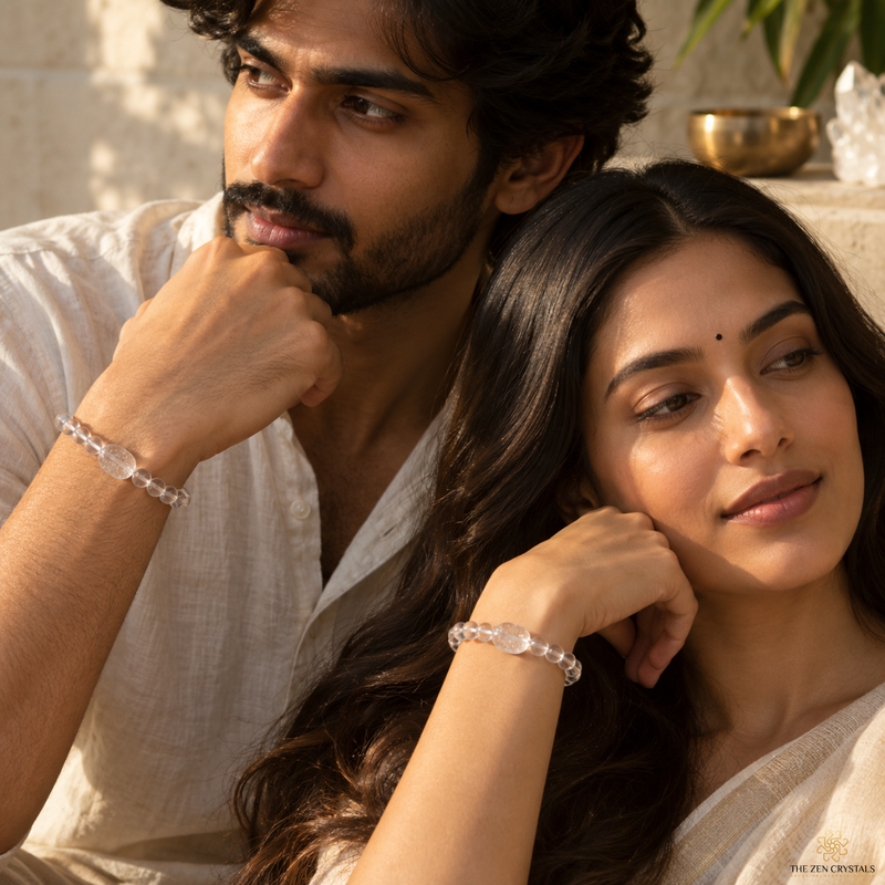 A man and a woman wearing matching clear crystal bracelets, posed closely together in a warm, sunlit setting.
