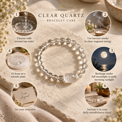 A clear quartz beaded bracelet is centered on a textured stone surface, surrounded by six circular lifestyle and care callouts with text about cleansing, incense smoke, moonlight recharging, plate keeping, intention setting, and daily mindfulness. The brand name The Preciouses appears at the top.