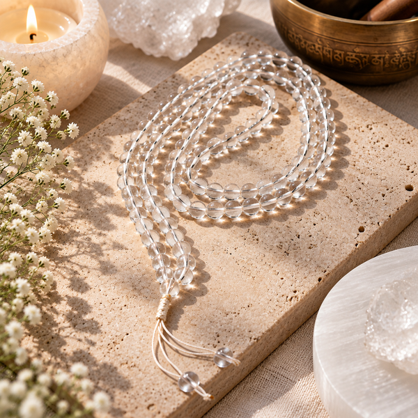 Sphatik Jaap mala necklace with silver-toned metal accents and tassel ends, arranged on a beige stone slab with a lit candle, flowers, and crystals around it.