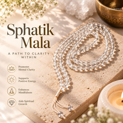 Sphatik Jaap mala necklace with white beads and tassel ends rests on a textured beige stone slab. The image includes marketing text reading 'Spathek Mala' and feature icons, with decorative flowers, a candle, and a brass bowl in a softly lit spa-style setting.