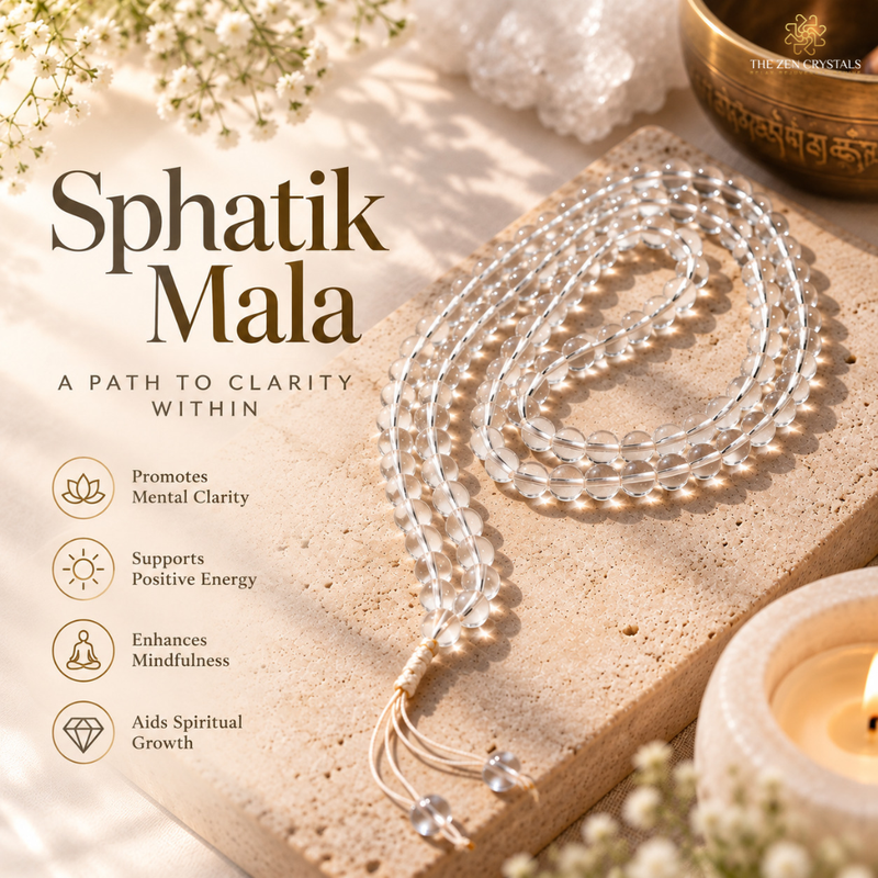 Sphatik Jaap mala necklace with white beads and tassel ends rests on a textured beige stone slab. The image includes marketing text reading 'Spathek Mala' and feature icons, with decorative flowers, a candle, and a brass bowl in a softly lit spa-style setting.