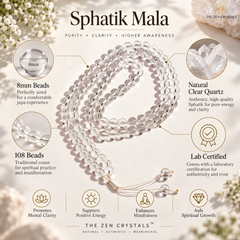 A coiled Sphatik Mala prayer bead necklace made of clear natural quartz beads, presented on a light cream background with informational callout graphics and text detailing its features by The Zen Crystals.