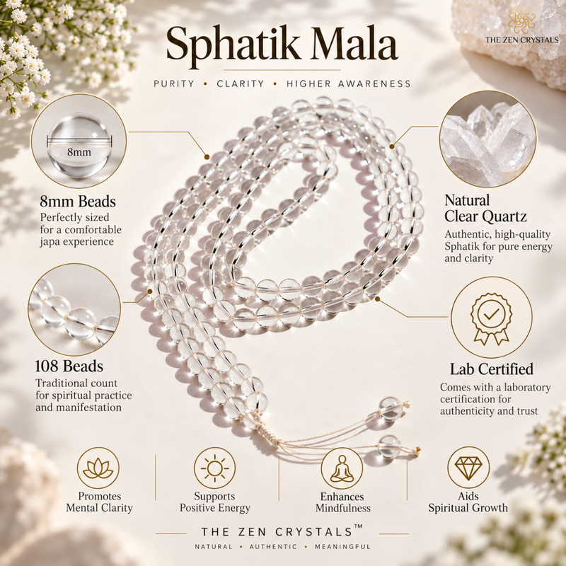 A coiled Sphatik Mala prayer bead necklace made of clear natural quartz beads, presented on a light cream background with informational callout graphics and text detailing its features by The Zen Crystals.