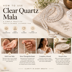 An instructional graphic titled 'How to Use Clear Quartz Mala' with text, icons, and four numbered steps showing hands and a person holding and wearing a beaded mala necklace. The design uses soft beige, white, and brown tones with a decorative photo of a pearl-like mala draped on a surface.