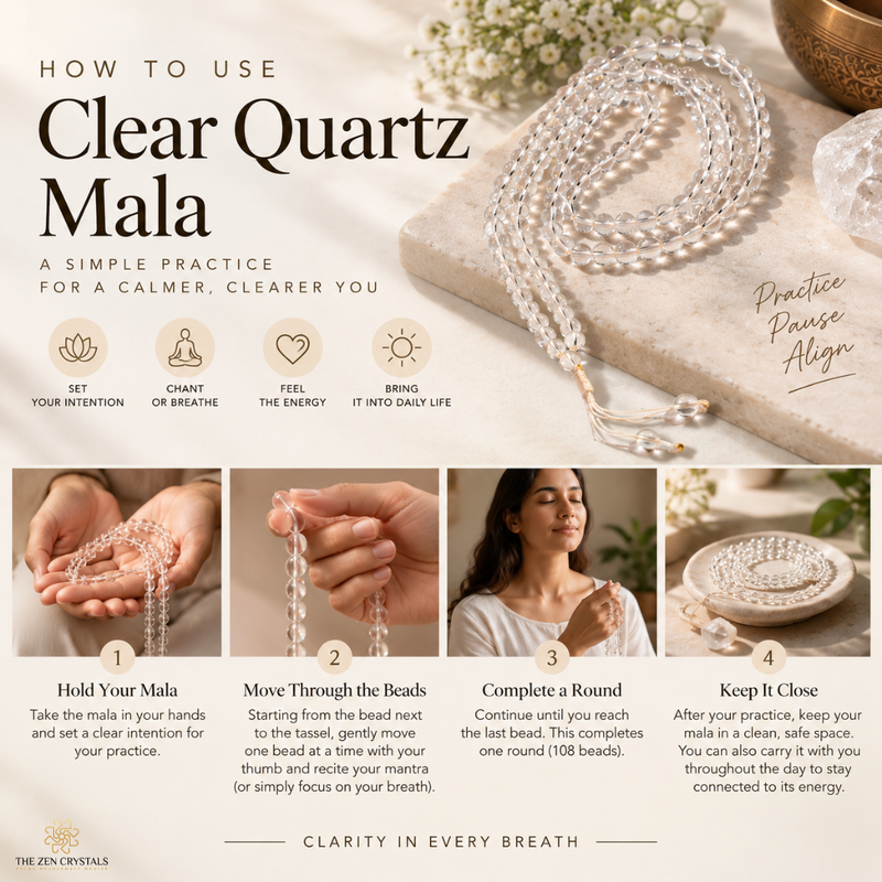 An instructional graphic titled 'How to Use Clear Quartz Mala' with text, icons, and four numbered steps showing hands and a person holding and wearing a beaded mala necklace. The design uses soft beige, white, and brown tones with a decorative photo of a pearl-like mala draped on a surface.