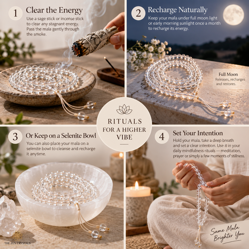 A four-panel guide titled 'Rituals for a Higher Vibe' showing how to use beaded malas. The panels show a sage smudge stick, a full moon, a white ceramic bowl, and a person's hands holding and wearing a clear beaded mala under natural light.