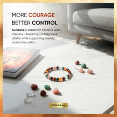Colorful gemstone bracelet and stones on a marble surface with text about Sunstone's properties.