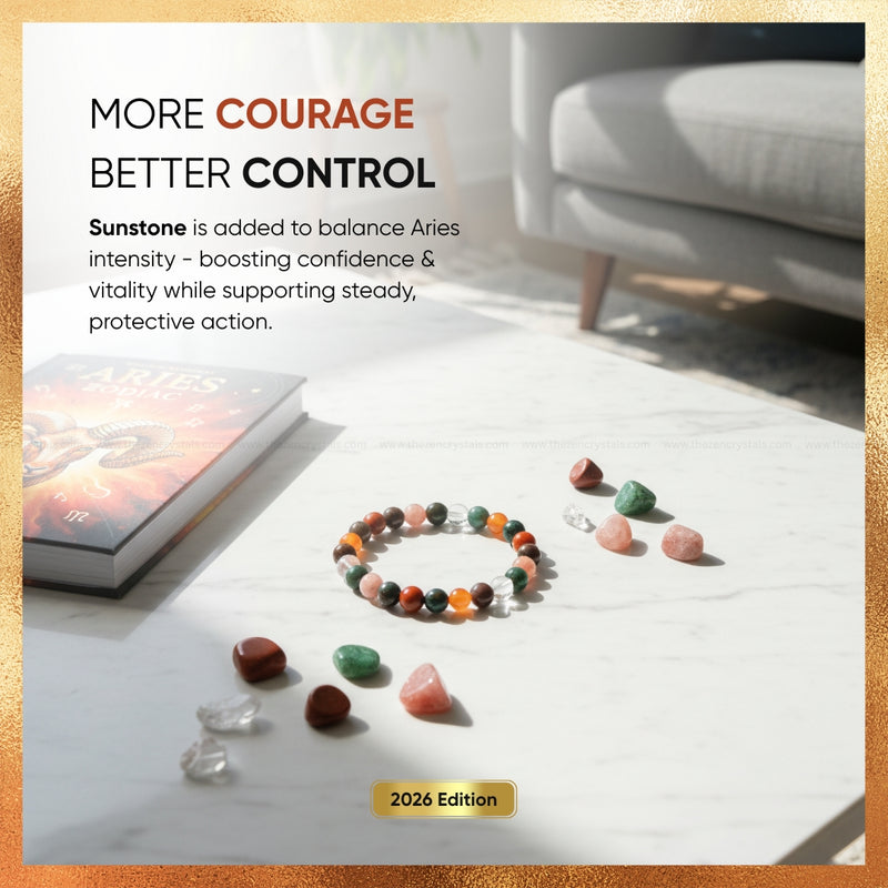 Colorful gemstone bracelet and stones on a marble surface with text about Sunstone's properties.