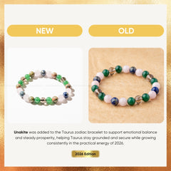 Two Unakite bracelets, one labeled 'NEW' and one labeled 'OLD', on a gold and white background.