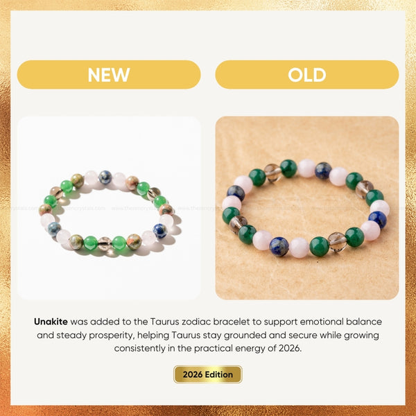 Two Unakite bracelets, one labeled 'NEW' and one labeled 'OLD', on a gold and white background.