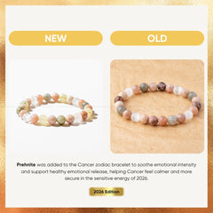 Two cancer zodiac bracelets, one labeled 'NEW' and one labeled 'OLD', on a gold and beige background with text about 2026 edition.