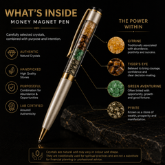 money magnet pen with pyrite tiger eye green aventurine and pyrite