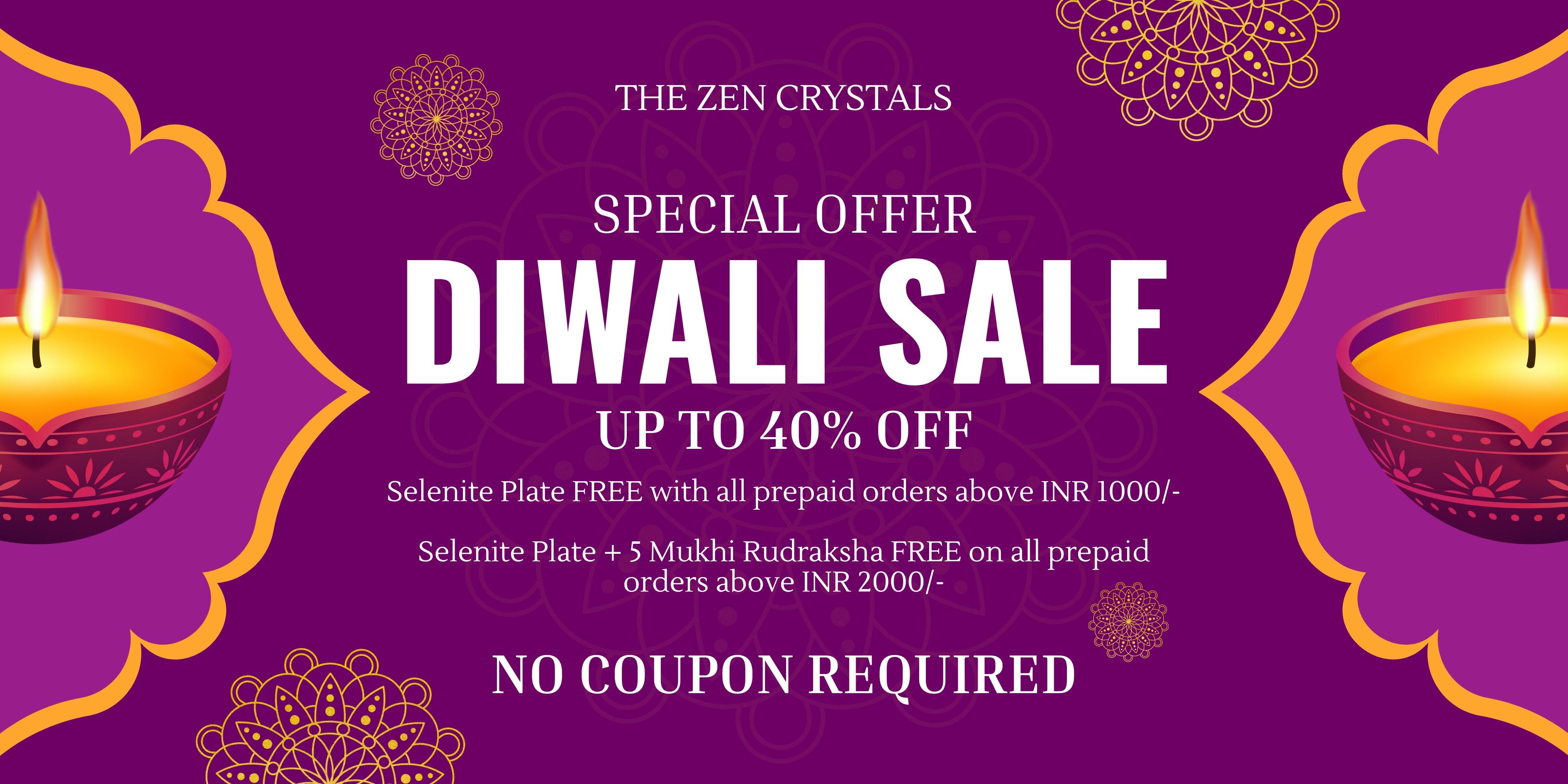 Promotional banner for The Zen Crystals Diwali Sale with candles and decorative elements on a purple background.