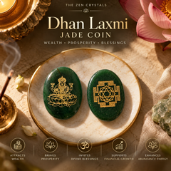 Two oval green jade coins with gold engravings are displayed on a gold-rimmed plate. The left coin shows a seated deity, and the right coin shows a geometric sacred geometry symbol.