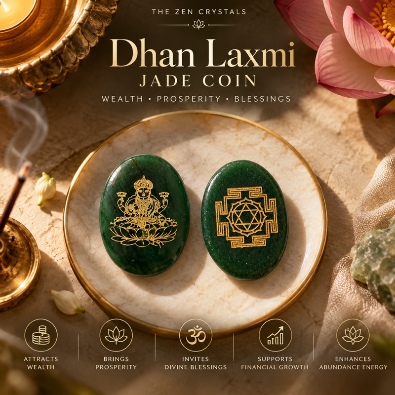 Two oval green jade coins with gold engravings are displayed on a gold-rimmed plate. The left coin shows a seated deity, and the right coin shows a geometric sacred geometry symbol.