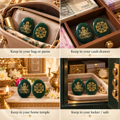 Four-panel collage showing a pair of dark green oval earrings with gold geometric and crest-like motifs, styled in different real-world scenarios: inside a beige handbag, in a wooden cash drawer with cash, on a decorated home altar with flowers and lamps, and inside a green safe with watches and jewelry. Text overlays suggest keeping them in a bag/purse, cash drawer, home temple, or locker/safe.