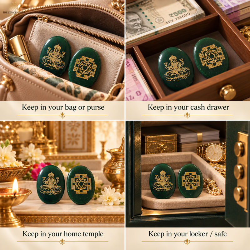 Four-panel collage showing a pair of dark green oval earrings with gold geometric and crest-like motifs, styled in different real-world scenarios: inside a beige handbag, in a wooden cash drawer with cash, on a decorated home altar with flowers and lamps, and inside a green safe with watches and jewelry. Text overlays suggest keeping them in a bag/purse, cash drawer, home temple, or locker/safe.