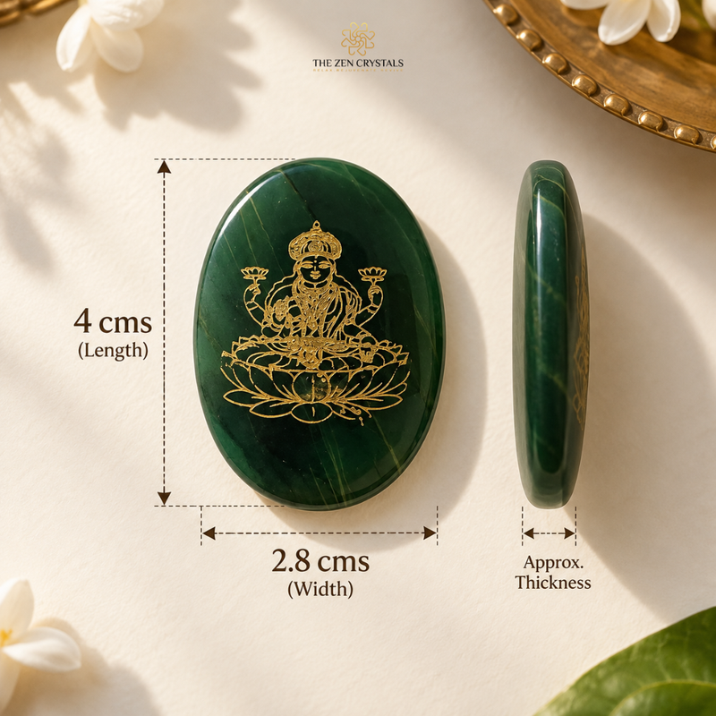 A green polished stone cabochon with a gold-toned seated deity and lotus design, shown with dimension labels (4 cm length, 2.8 cm width, approx.