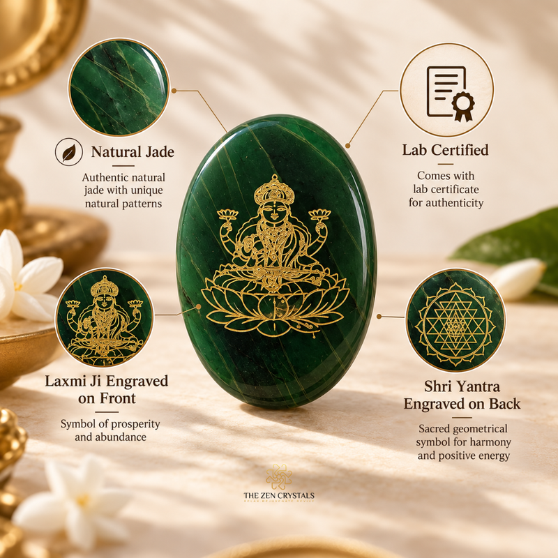 A polished dark green jade stone with gold engravings of Lord Shri and Lakshmi, presented on a warm beige background with decorative white flowers and gold-toned props. Callout circles explain features: natural jade authenticity, lab certification, Lakshmi Ji engraving on the front, and Shri Yantra engraving on the back.