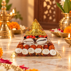 A triangular gold-plated orisha pyramid altar filled with decorative items including cowrie shells, red and black beads, and orange-brown marbled pieces, displayed on a marble table with lit oil lamps and flowers in the background.