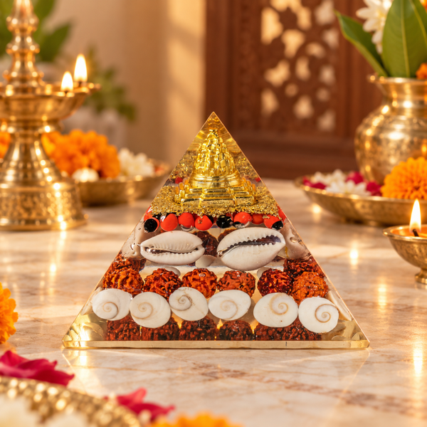 A triangular gold-plated orisha pyramid altar filled with decorative items including cowrie shells, red and black beads, and orange-brown marbled pieces, displayed on a marble table with lit oil lamps and flowers in the background.