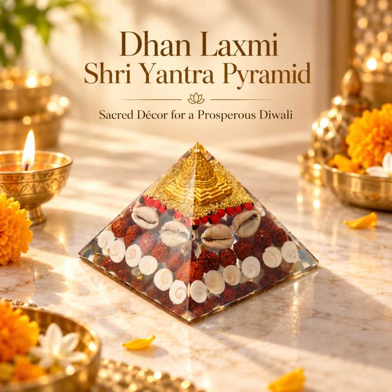 A glass pyramid Shri Yantra with a gold metallic top and layered natural materials inside, displayed on a marble surface with lit diya lamps, marigold flowers, and decorative brass vessels in a warm Diwali setting. Text at the top reads 'Dhan Laxmi Shri Yantra Pyramid' and 'Sacred Decor for a Prosperous Diwali'.
