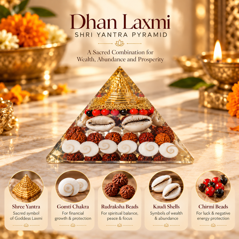 A triangular Shri Yantra pyramid made of transparent glass, filled with gold-toned beads, white cowrie shells, red and brown spiritual beads, and set on a marble surface. The image includes the text 'Dhan Laxmi' and descriptive callouts for each bead layer, with warm decorative background elements and small circular inset images at the bottom.