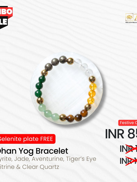 Dhan Yog bracelet with colored beads on a white background, featuring a combo sale offer.