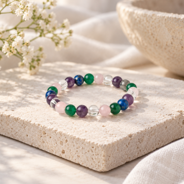 A beaded stretch bracelet with multicolored polished gemstone-like beads, displayed on a textured stone slab with soft white fabric and dried flowers in the background.
