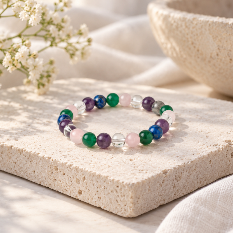 A beaded stretch bracelet with multicolored polished gemstone-like beads, displayed on a textured stone slab with soft white fabric and dried flowers in the background.