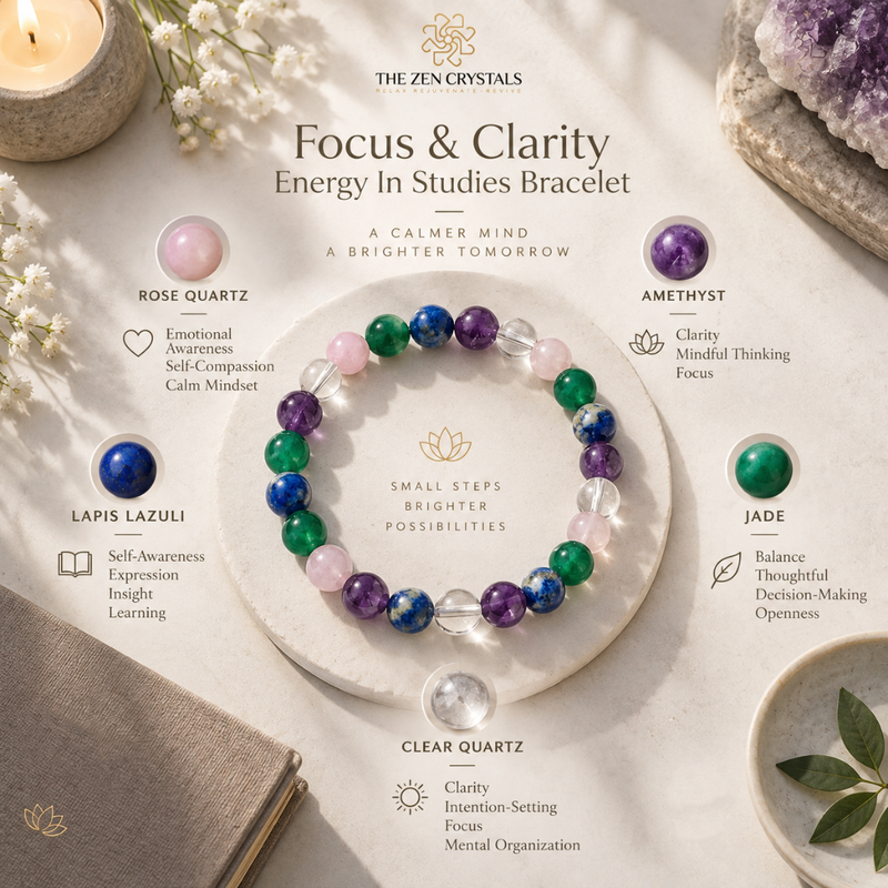 A beaded bracelet from The Zen Crystals displayed on a white stone plate, surrounded by labeled gemstone props including rose quartz, amethyst, lapis lazuli, jade, and clear quartz, with a candle and leaves in a styled flat-lay composition.