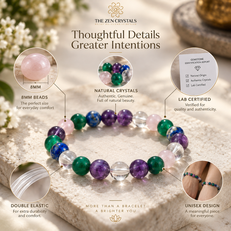 A multicolor beaded stretch bracelet from The Zen Crystals displayed on a stone surface, surrounded by callout circles highlighting product details: 8mm pink beads, natural green and purple crystals, a lab-certified tag, double elastic bands, and a unisex design.