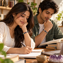 A man and a woman sitting at a wooden desk, both wearing matching beaded bracelets with blue, green, and red beads. The woman is writing in a notebook, and the man is looking down at a book.