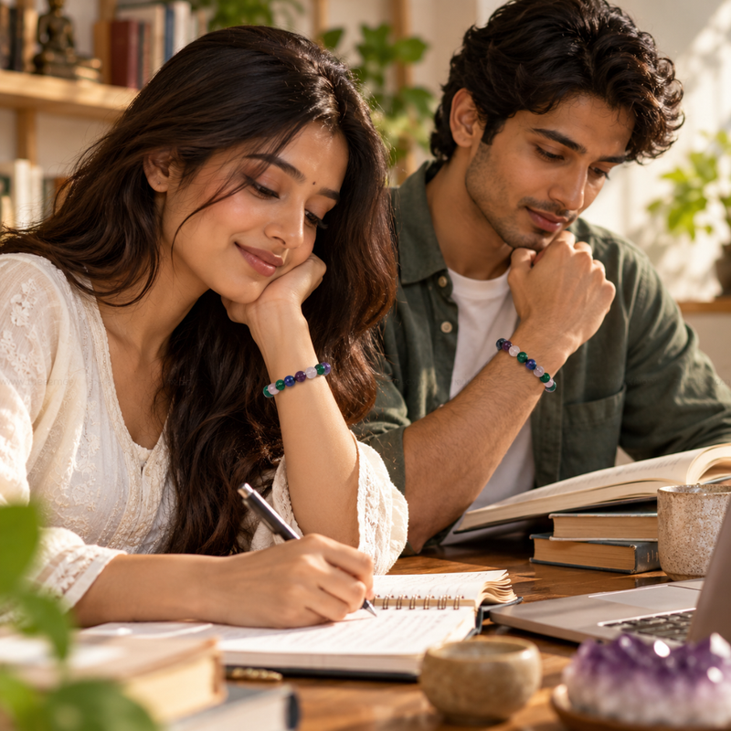 A man and a woman sitting at a wooden desk, both wearing matching beaded bracelets with blue, green, and red beads. The woman is writing in a notebook, and the man is looking down at a book.