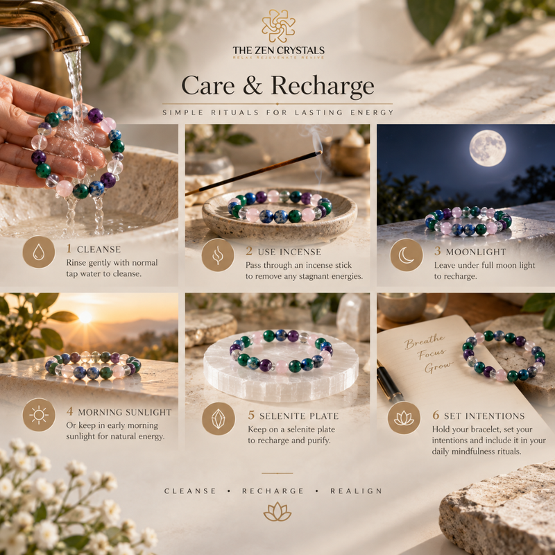 A six-panel care and recharge guide for beaded bracelets from The Zen Crystals, showing how to cleanse, use incense, moonlight, morning sunlight, select a plate, and set intentions with colorful purple, teal, and green beads.