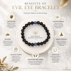 An infographic titled 'BENEFITS OF EVIL EYE BRACELET' with a central black beaded bracelet featuring a blue and white evil eye motif. Surrounding text lists benefits such as protection, positive energy, inner strength, focus, emotional well-being, and good luck, on a cream background with decorative gold leaf corners.