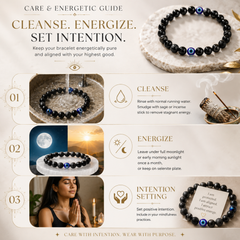 A promotional infographic for a Evil Eye bracelet with blue evil eye charms. The top right shows the bracelet on a stone plate, and the bottom is a three-step guide titled 'Care & Energetic Guide' with images of rinsing under water, setting positive intention under a moon and sunrise, and wearing the bracelet while meditating.