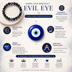 An infographic poster for an Evil Eye bracelet, featuring a black beaded bracelet with blue evil eye motifs, a large central blue and black evil eye illustration, and multiple text callouts explaining its symbolic meanings and benefits on a light cream background.