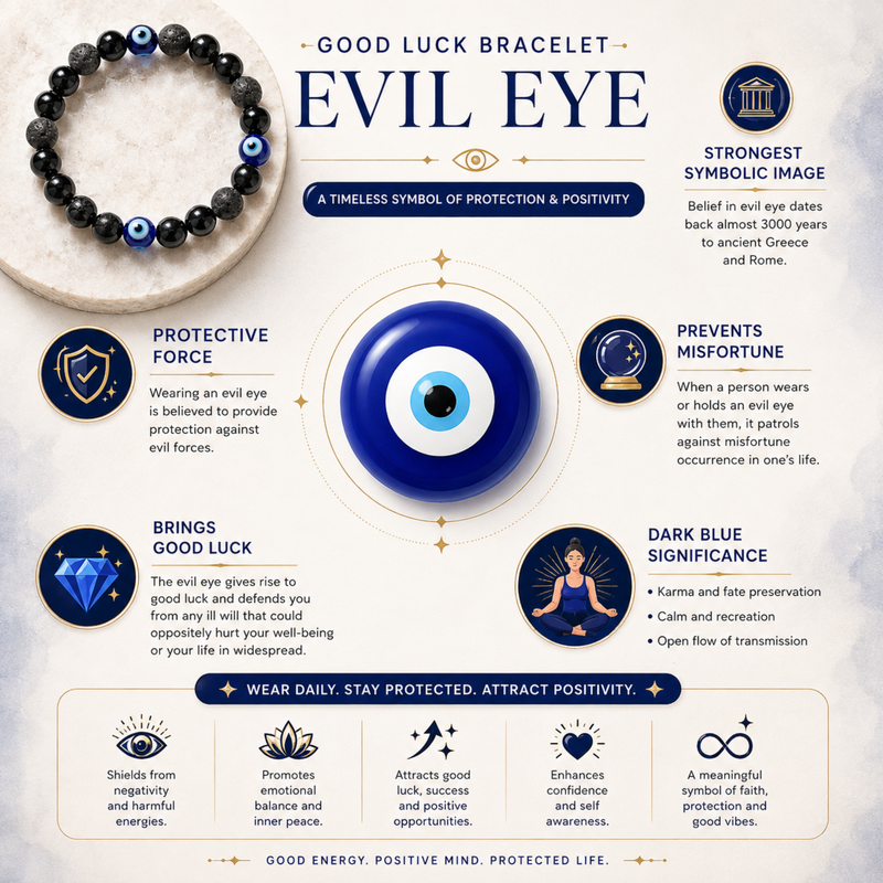 An infographic poster for an Evil Eye bracelet, featuring a black beaded bracelet with blue evil eye motifs, a large central blue and black evil eye illustration, and multiple text callouts explaining its symbolic meanings and benefits on a light cream background.