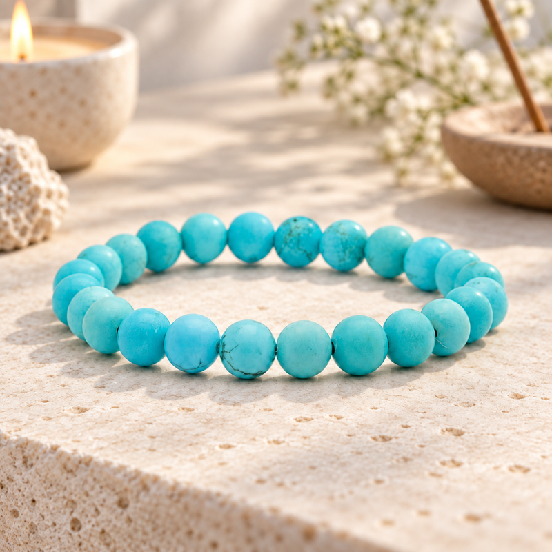 A beaded stretch bracelet made of round turquoise-blue beads, displayed on a textured beige stone surface with soft-focus decorative props in the background.