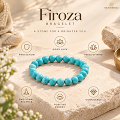 A turquoise beaded bracelet displayed on a stone slab with decorative props and text overlays. The text reads 'Firoza BRACELET' and includes icons for protection, good luck, peace of mind, emotional balance, positive energy, and confidence.