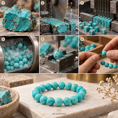 A collage showing the journey of turquoise beads: a raw turquoise crystal, cutting and polishing blocks, grinding beads, threading them on a cord, and finally a completed round beaded bracelet displayed on a stone surface. The brand name 'THE ZEN CRYSTALS' is visible at the bottom.