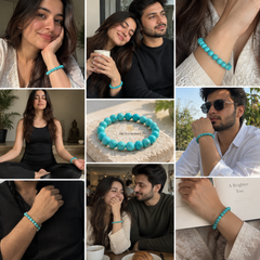 A 3x3 collage showing a turquoise beaded bracelet worn by multiple people in different settings, alongside a central close-up of the bracelet on a stone surface with a small gold-toned logo plaque. The product appears to be the bracelet, but the image is styled as a lifestyle collage with visible human body parts and real environments.