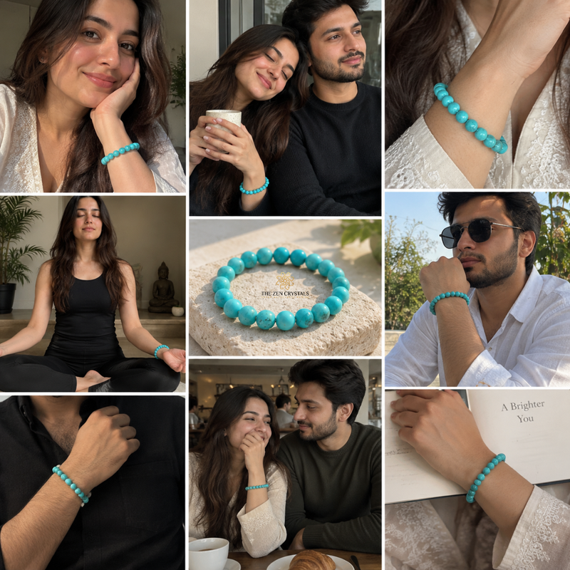 A 3x3 collage showing a turquoise beaded bracelet worn by multiple people in different settings, alongside a central close-up of the bracelet on a stone surface with a small gold-toned logo plaque. The product appears to be the bracelet, but the image is styled as a lifestyle collage with visible human body parts and real environments.