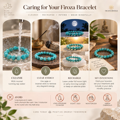 An infographic titled 'Caring for Your Firoza Bracelet' by The Zen Crystals, showing a turquoise beaded bracelet in four care sections with water, incense, moonlight, and intentions, plus icons for avoiding chemicals and moisturizers.