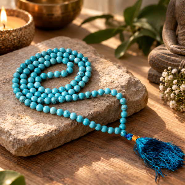 A strand of turquoise-blue prayer beads with a matching blue tassel rests on a rough stone slab on a wooden surface, styled with a lit candle, brass bowl, green leaves, and a small statue in the background.