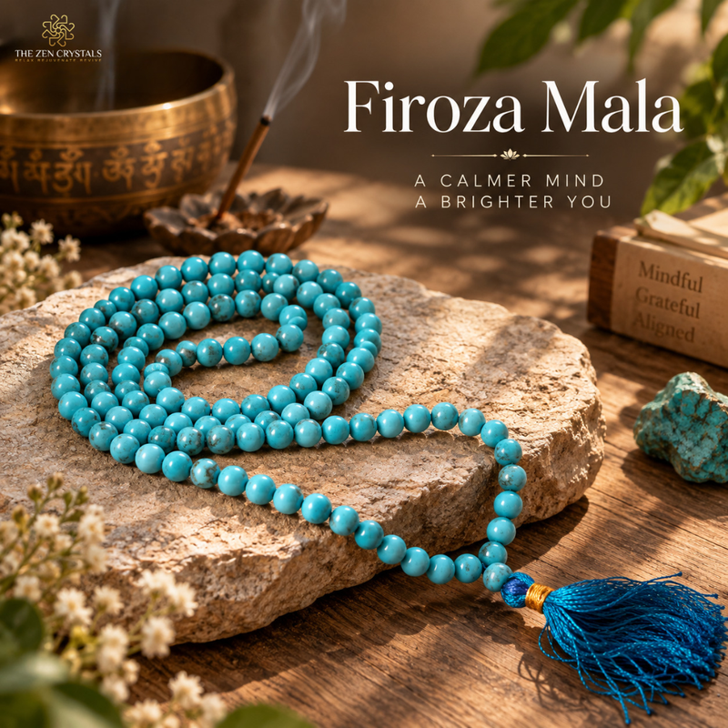 A turquoise beaded mala necklace with a blue tassel rests on a rustic stone slab over a wooden surface, with decorative props including a brass bowl, incense, and a small sign. The text 'Firoza Mala' and 'A Calmer Mind A Brighter You' appears on the image, with 'The Zen Crystals' logo in the top left corner.