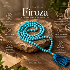 A turquoise blue beaded mala necklace with a matching tassel is arranged on a rustic wooden surface outdoors. The image includes promotional text and icons about the spiritual benefits of the mala, with the brand name 'The Zen Crystal' visible in the top right.