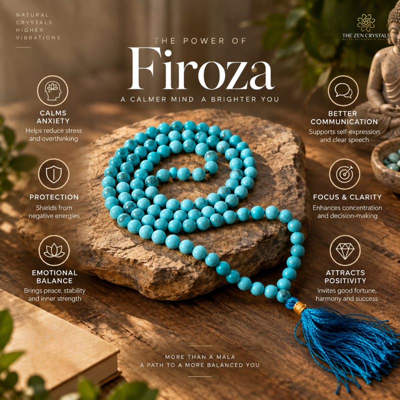 A turquoise blue beaded mala necklace with a matching tassel is arranged on a rustic wooden surface outdoors. The image includes promotional text and icons about the spiritual benefits of the mala, with the brand name 'The Zen Crystal' visible in the top right.