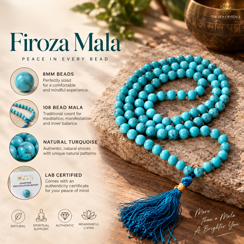 A turquoise beaded Firoza Mala prayer necklace with a blue tassel, displayed on a rustic wooden surface next to product feature callouts and branding for 'The Zen Crystals'.